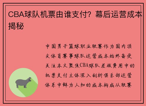 CBA球队机票由谁支付？幕后运营成本揭秘