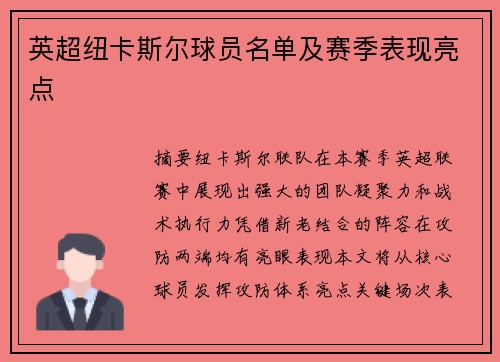 英超纽卡斯尔球员名单及赛季表现亮点